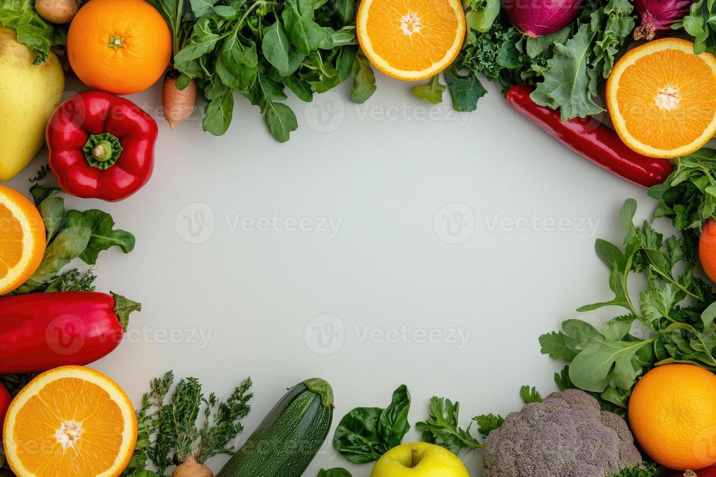 Fresh fruits and vegetables with blank space. photo