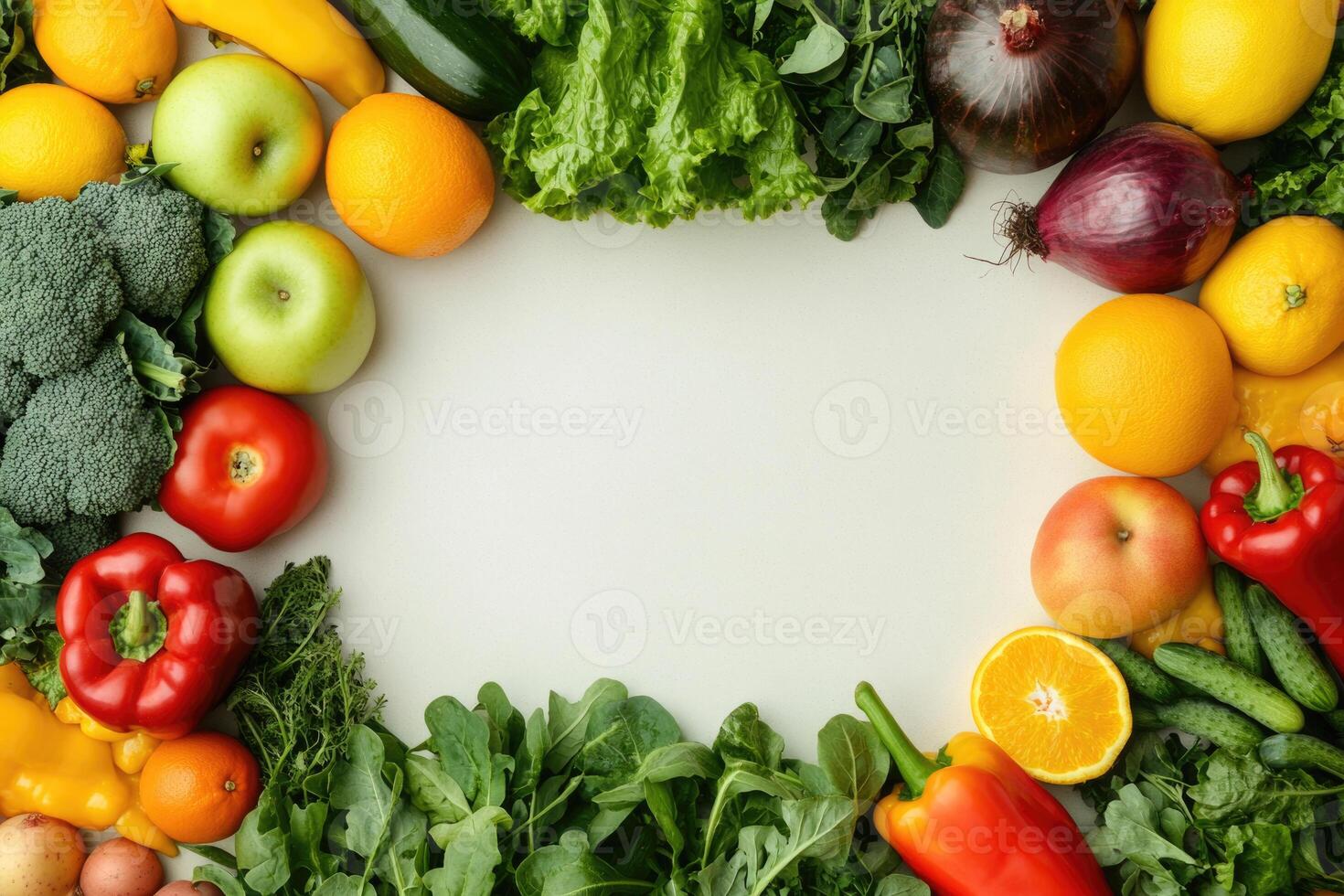 Fresh fruits and vegetables with blank space. photo