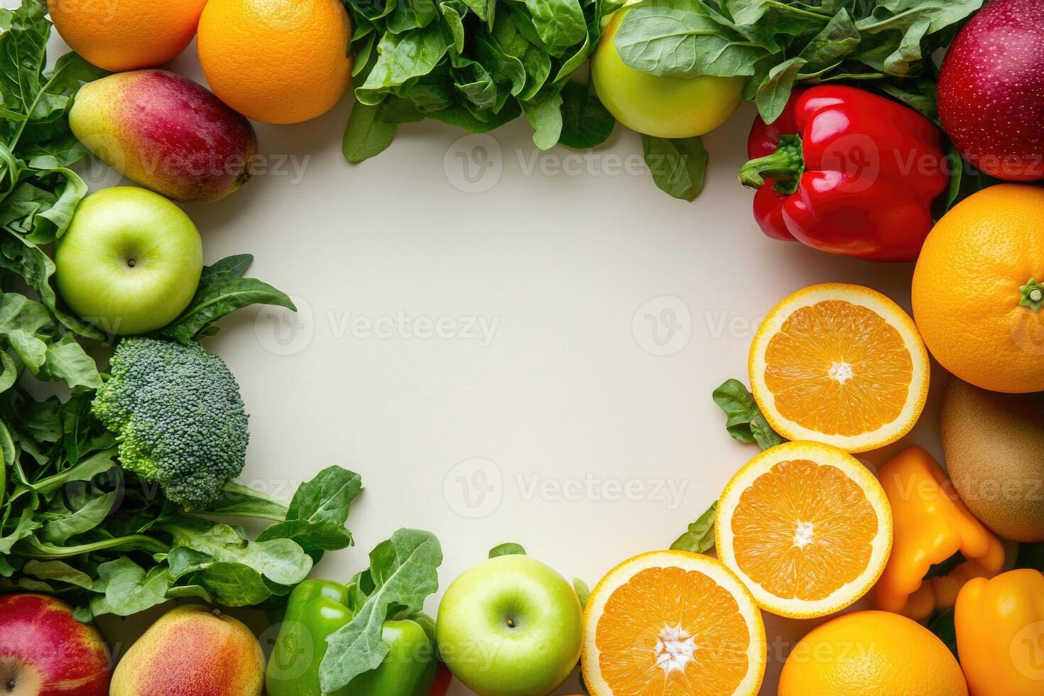 Fresh fruits and vegetables with blank space. photo