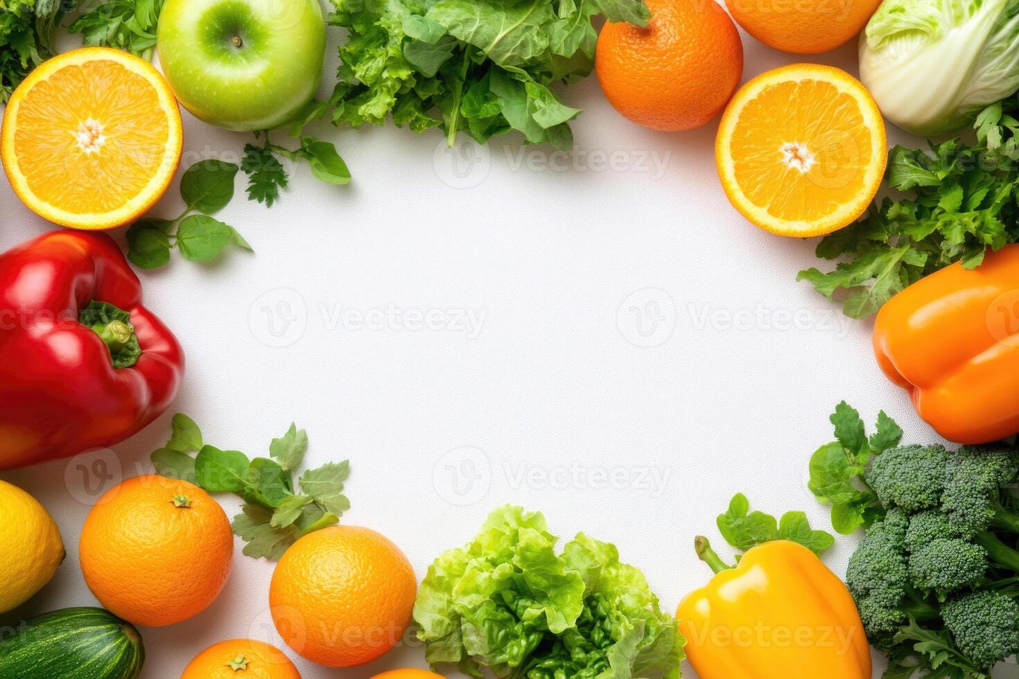 Fresh fruits and vegetables with blank space. photo
