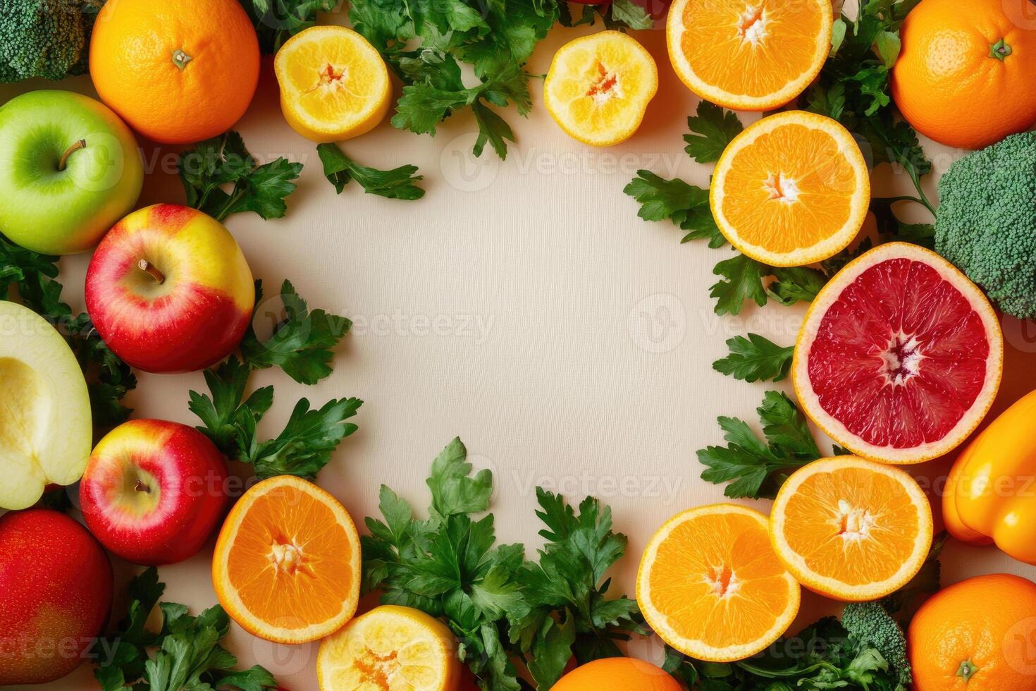 Fresh fruits and vegetables with blank space. photo