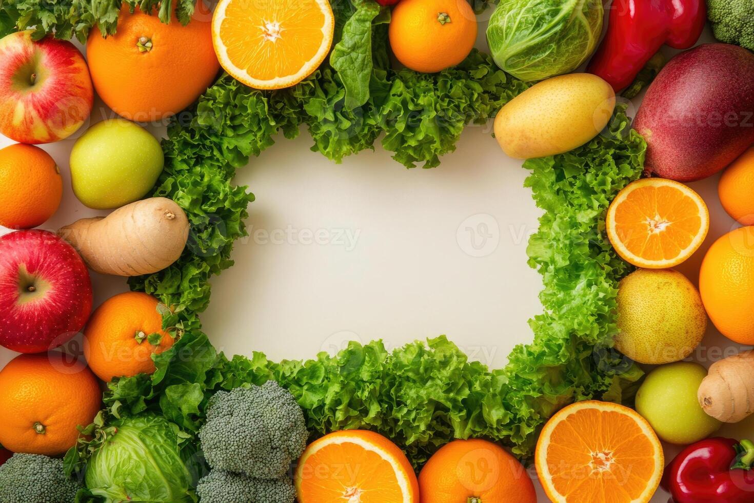 Fresh fruits and vegetables with blank space. photo