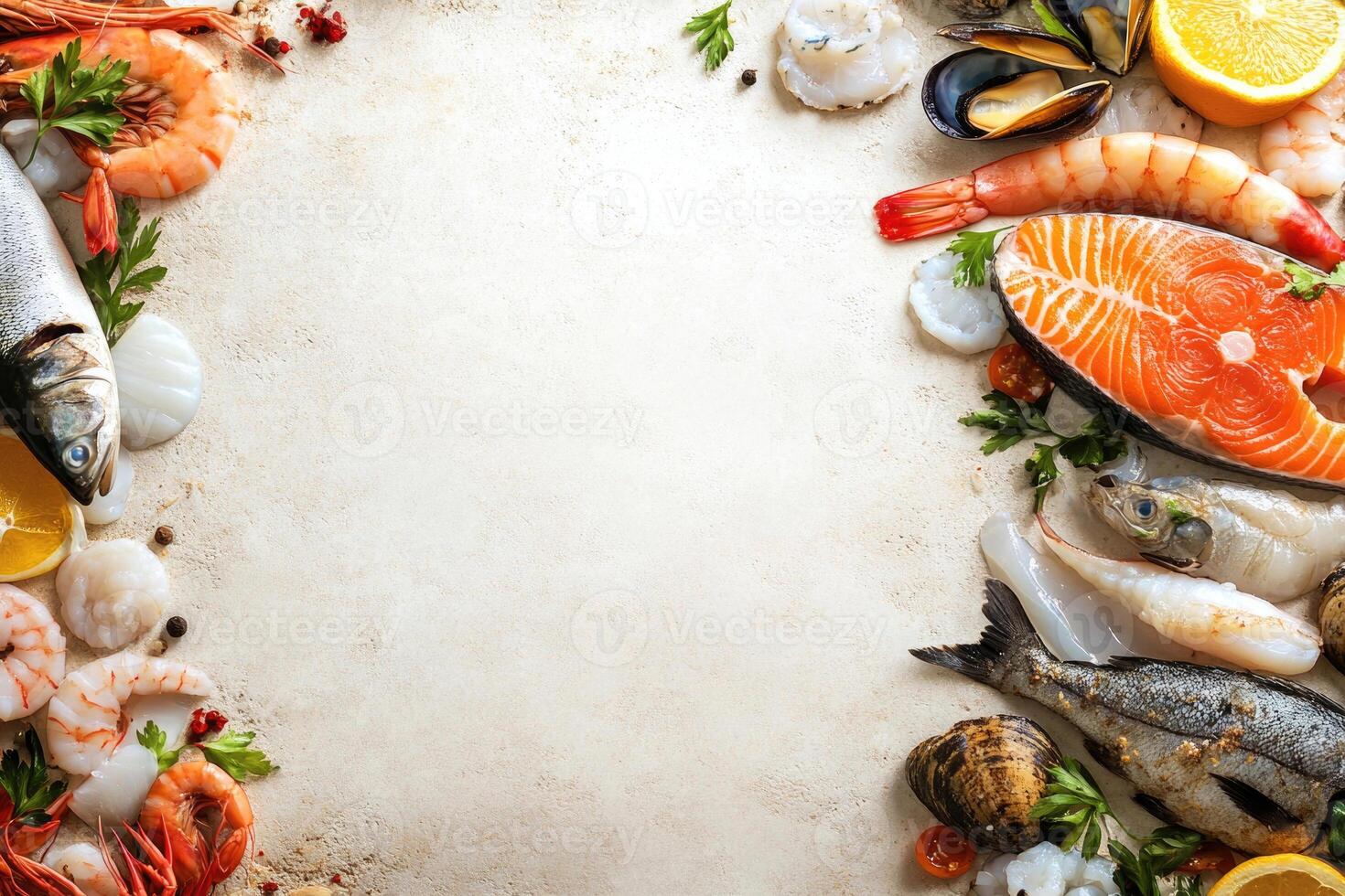 Fresh fish and seafood with blank space. photo