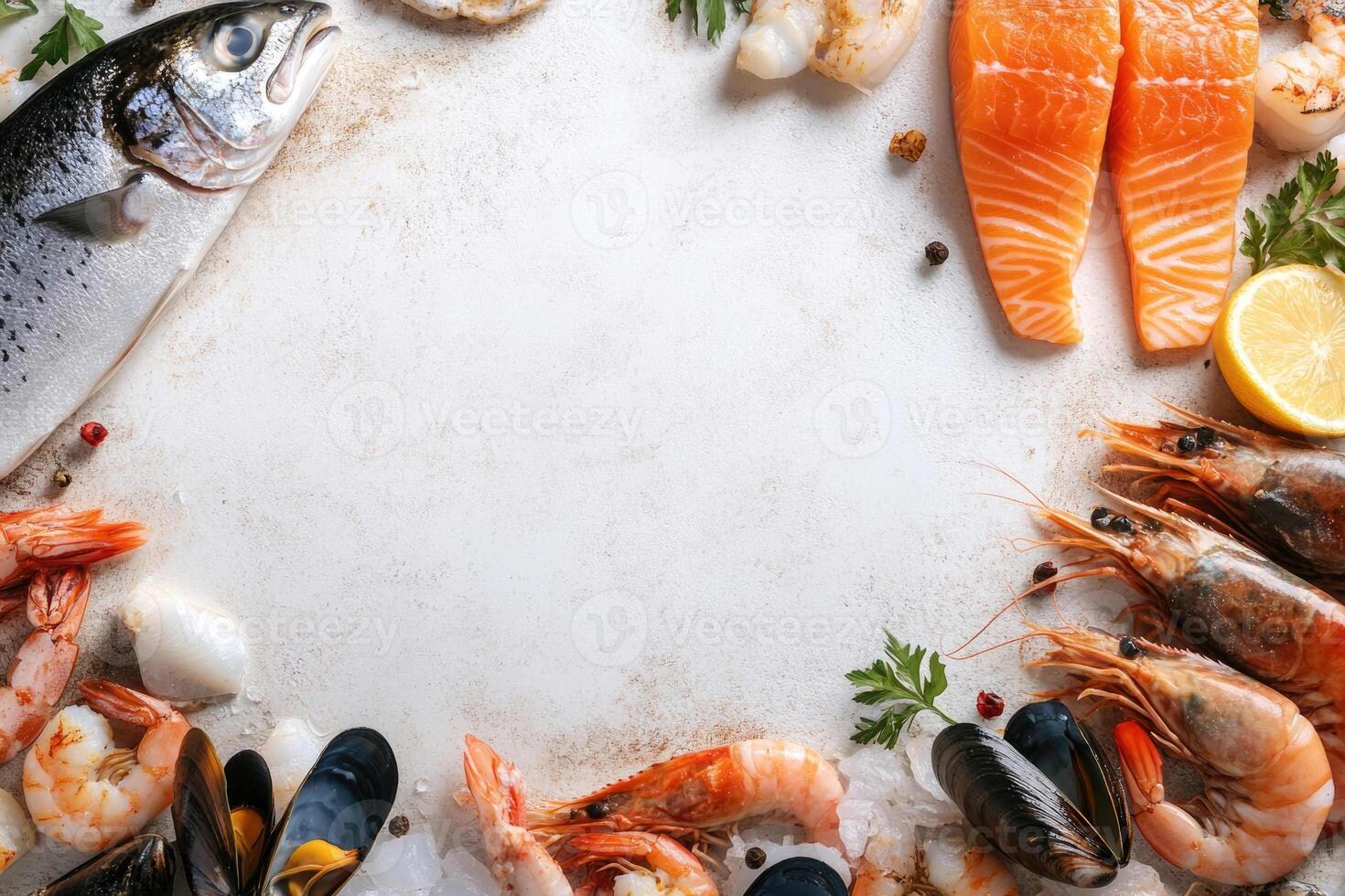 Fresh fish and seafood with blank space. photo