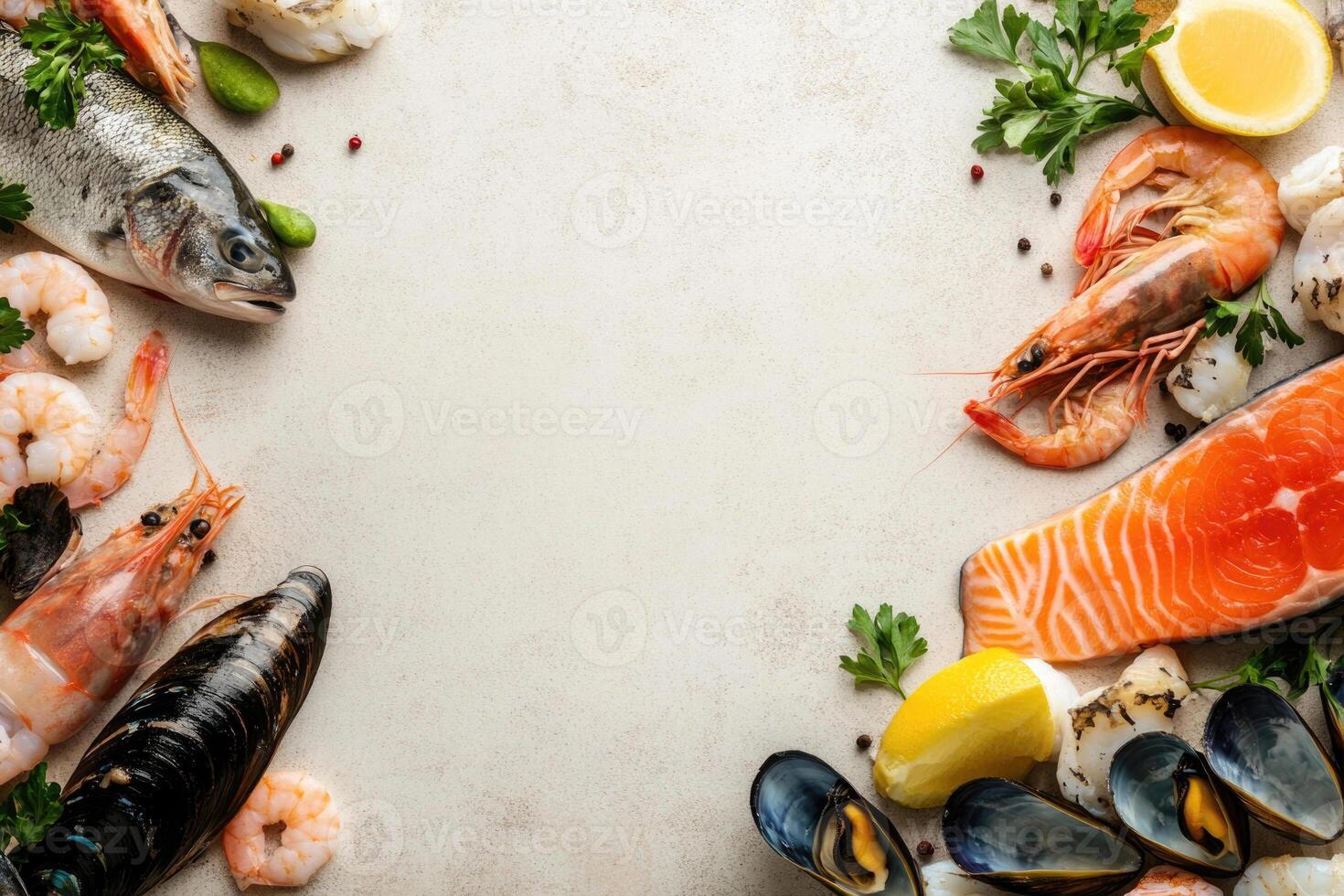 Fresh fish and seafood with blank space. photo