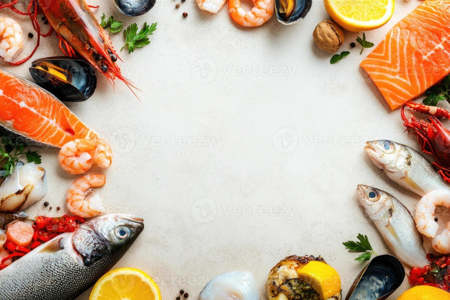 Fresh fish and seafood with blank space. photo