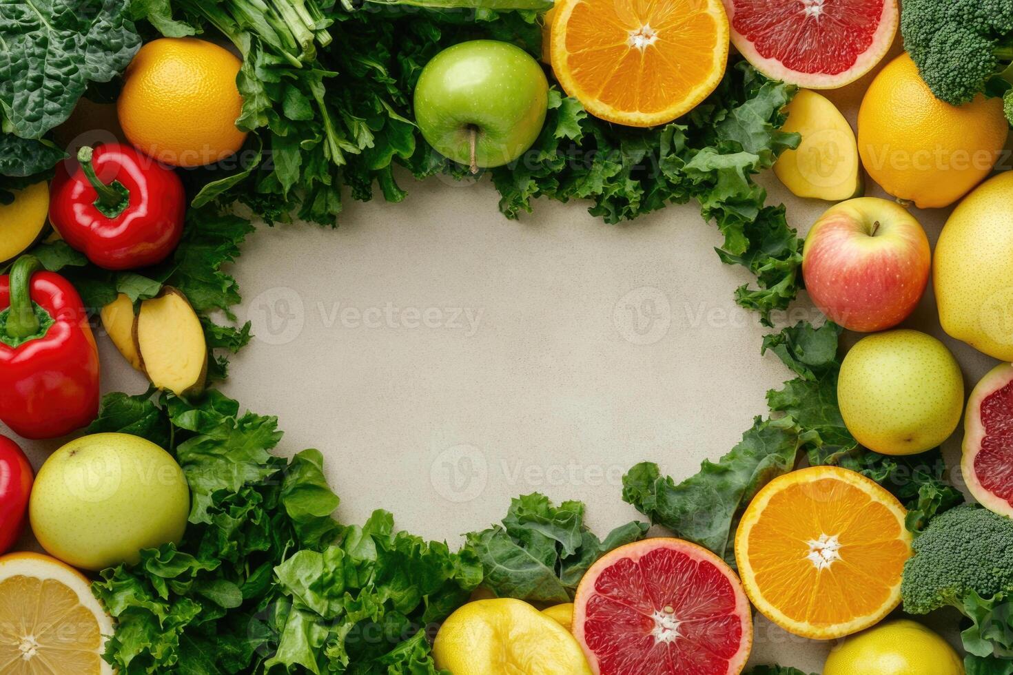 Fresh fruits and vegetables with blank space. photo