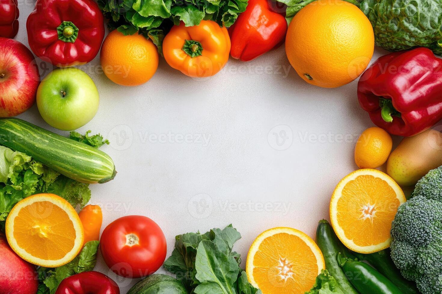 Fresh fruits and vegetables with blank space. photo
