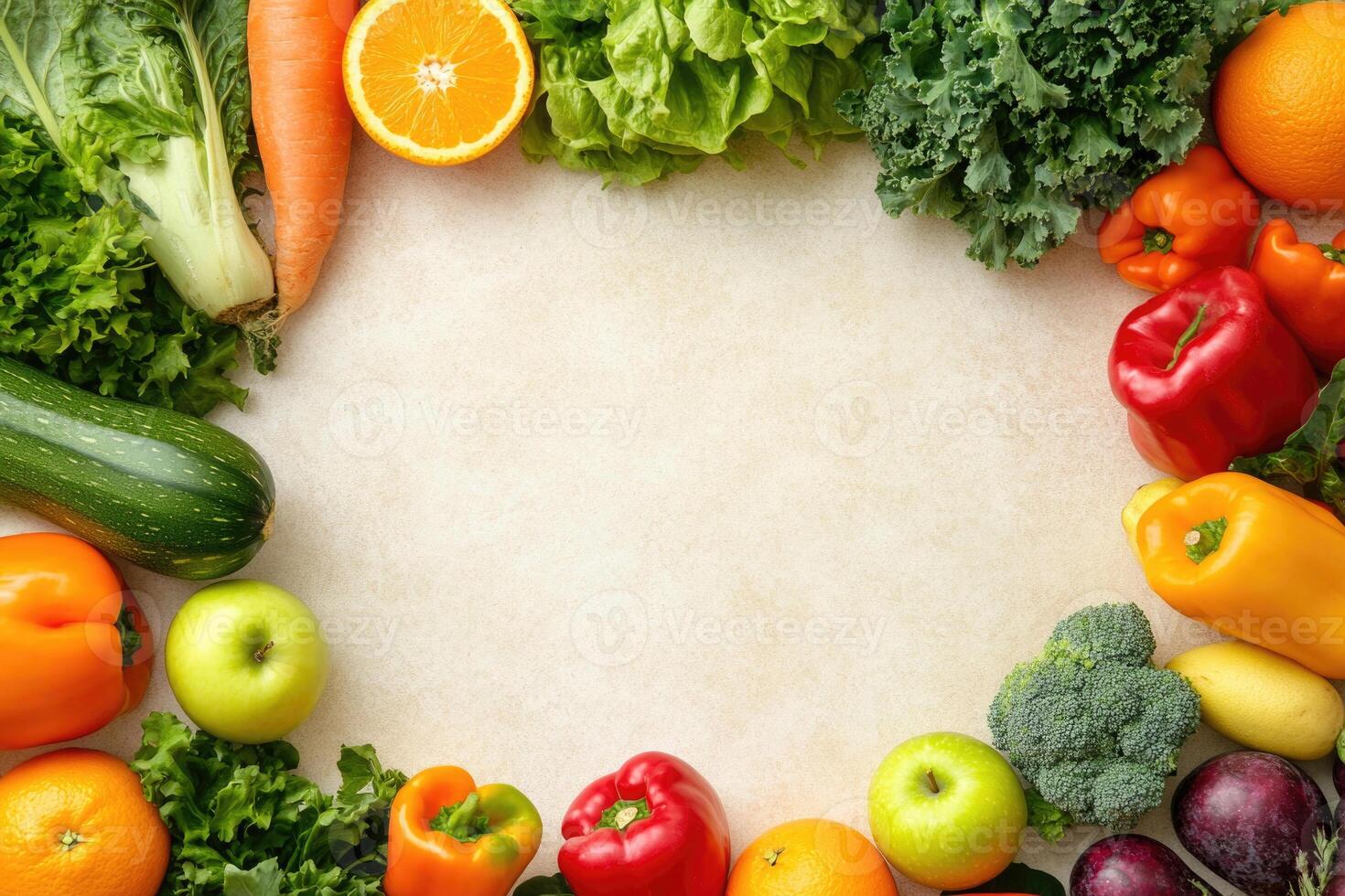 Fresh fruits and vegetables with blank space. photo