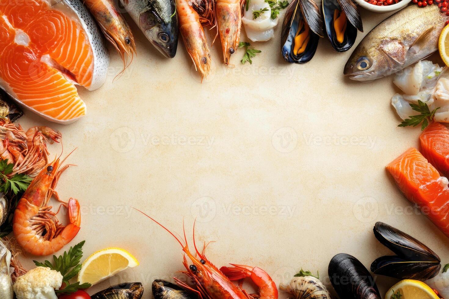 Fresh fish and seafood with blank space. photo