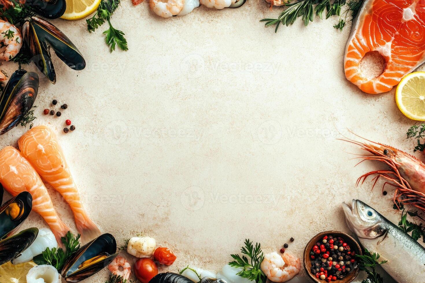 Fresh fish and seafood with blank space. photo