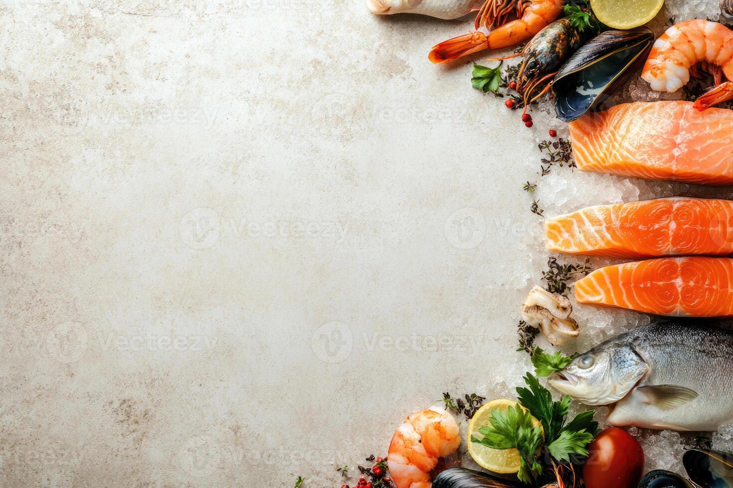 Fresh fish and seafood with blank space. photo