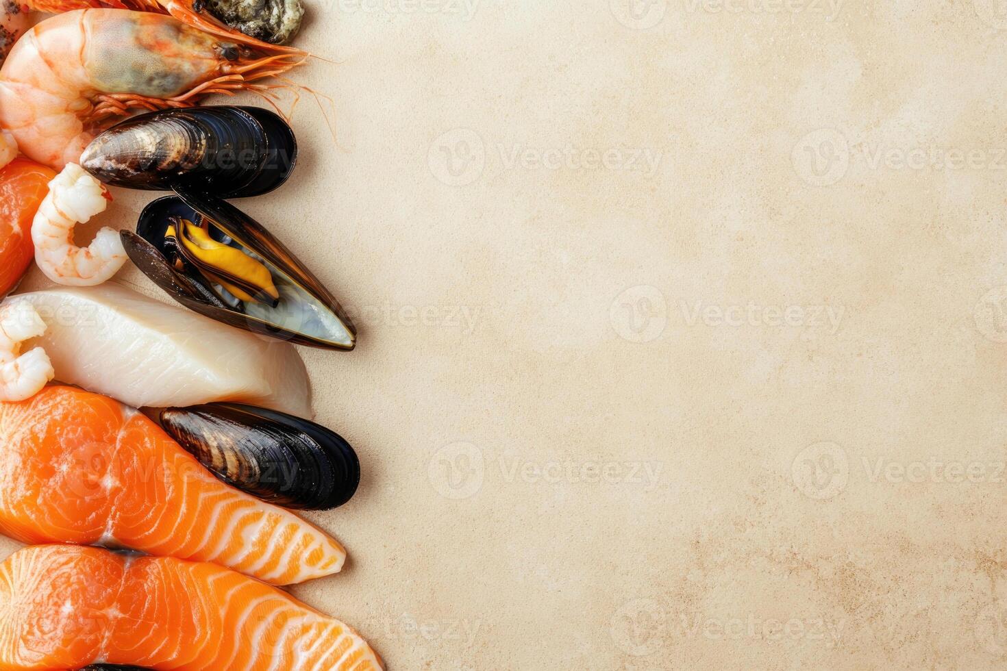 Fresh fish and seafood with blank space. photo