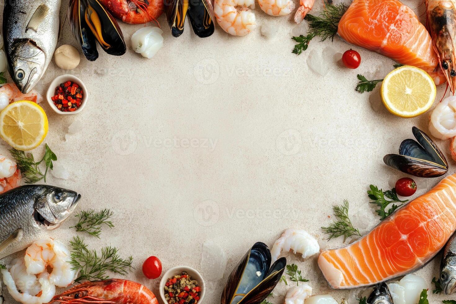 Fresh fish and seafood with blank space. photo