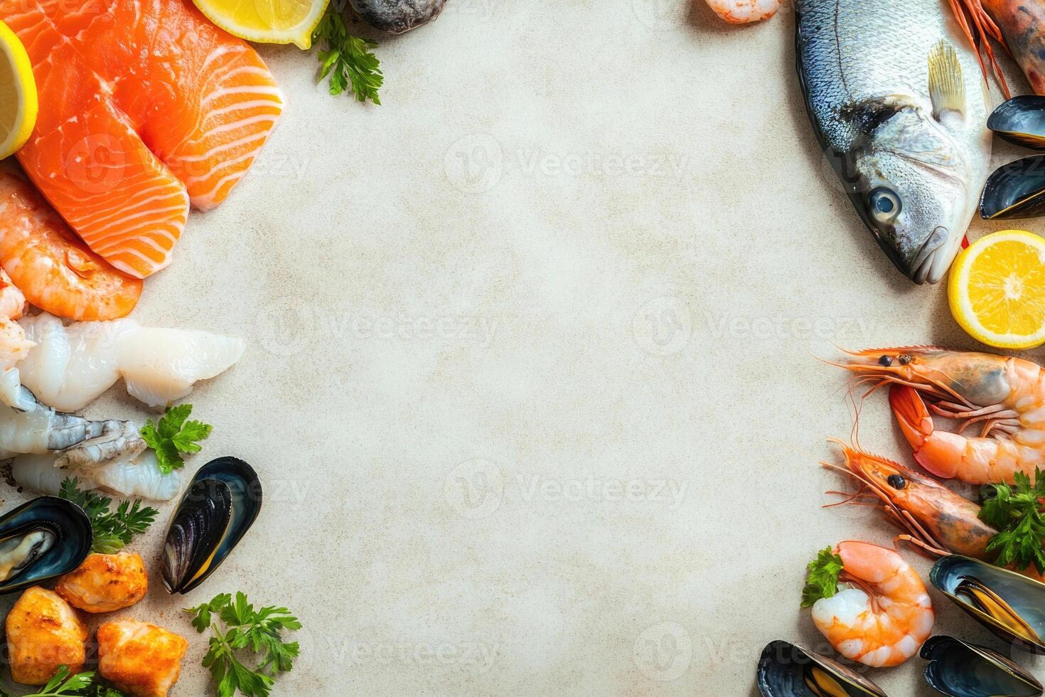 Fresh fish and seafood with blank space. photo