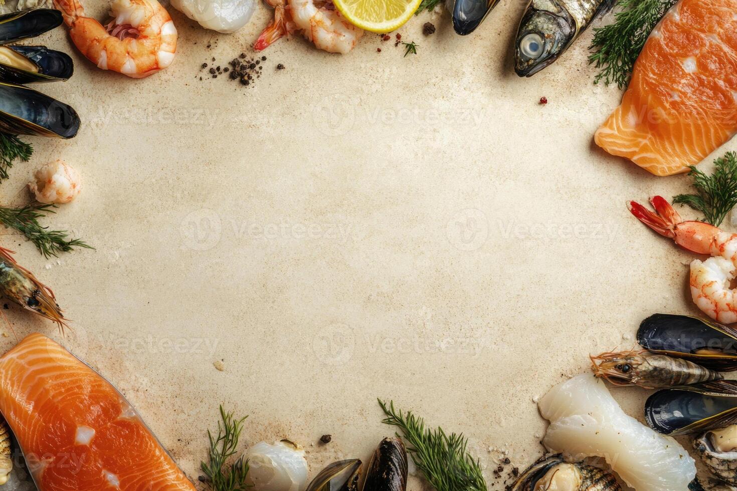 Fresh fish and seafood with blank space. photo