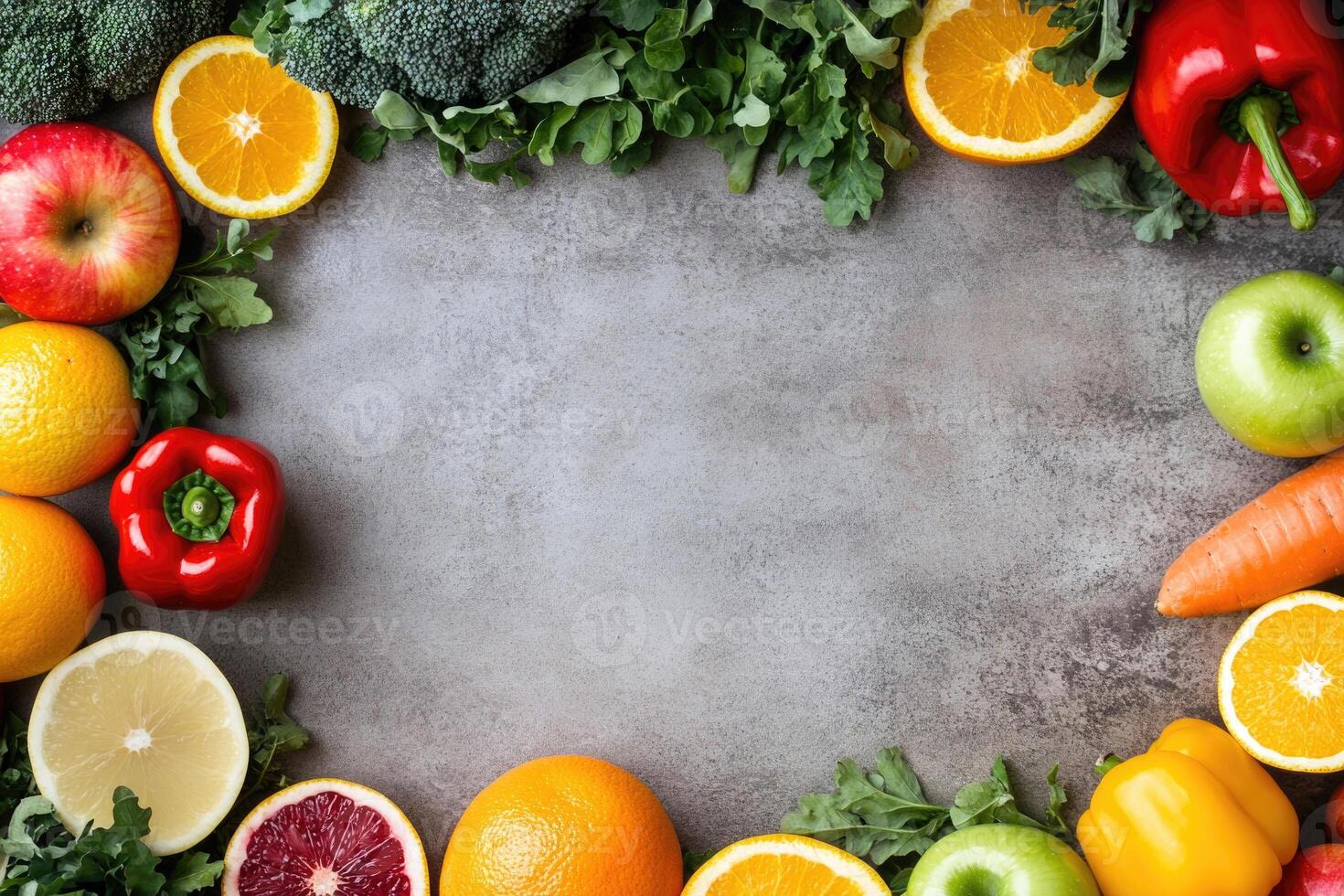 Fresh fruits and vegetables with blank space. photo