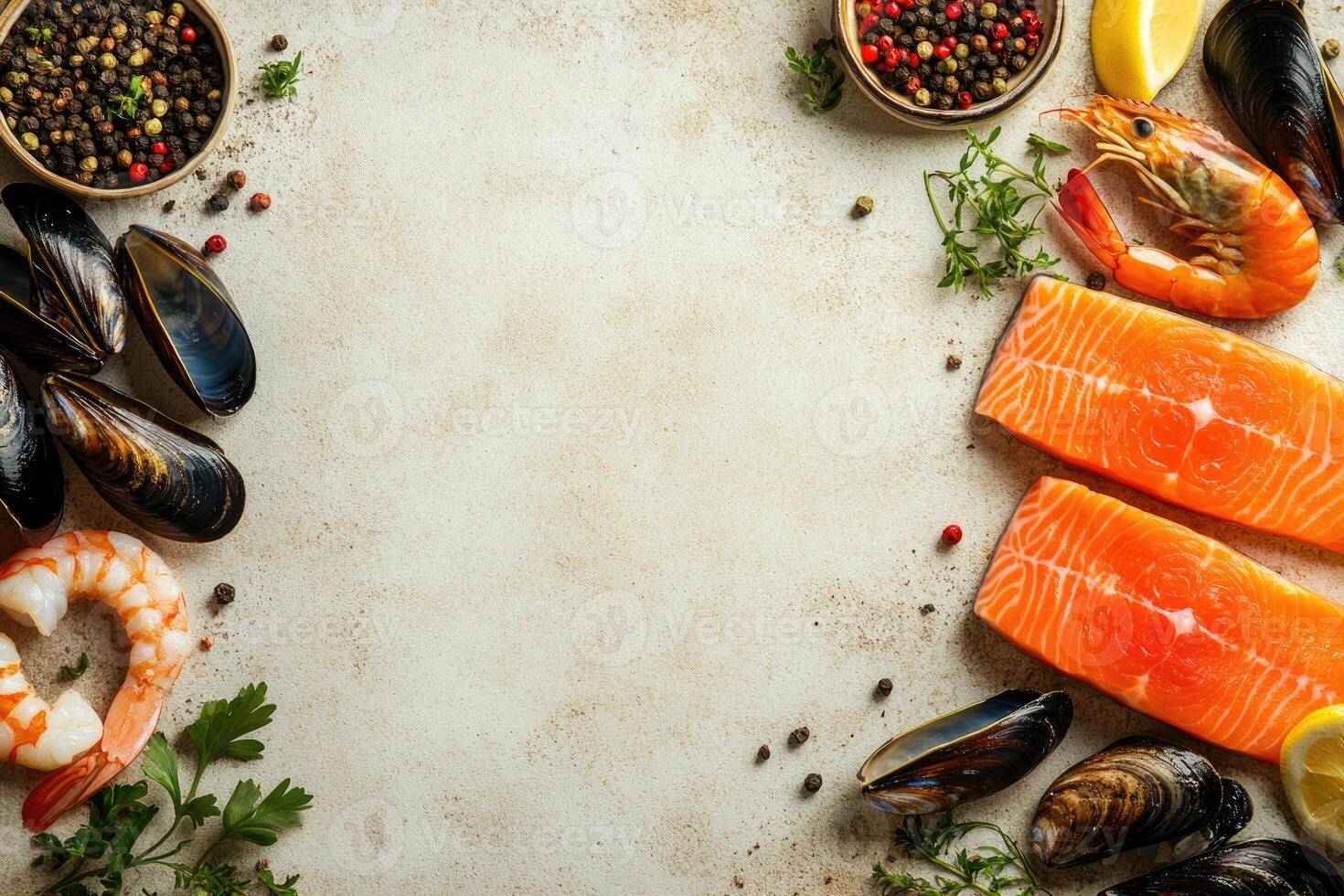 Fresh fish and seafood with blank space. photo