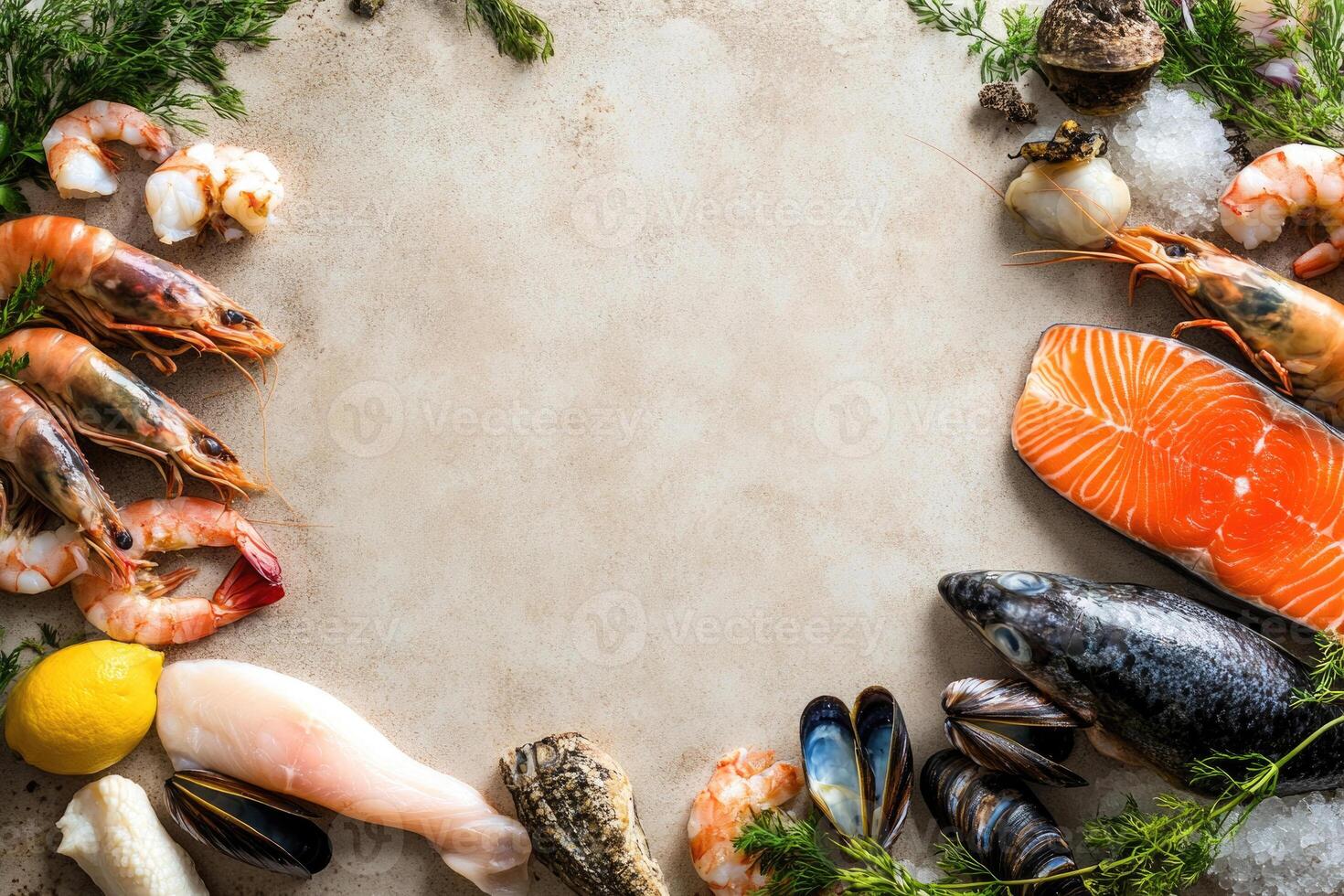 Fresh fish and seafood with blank space. photo