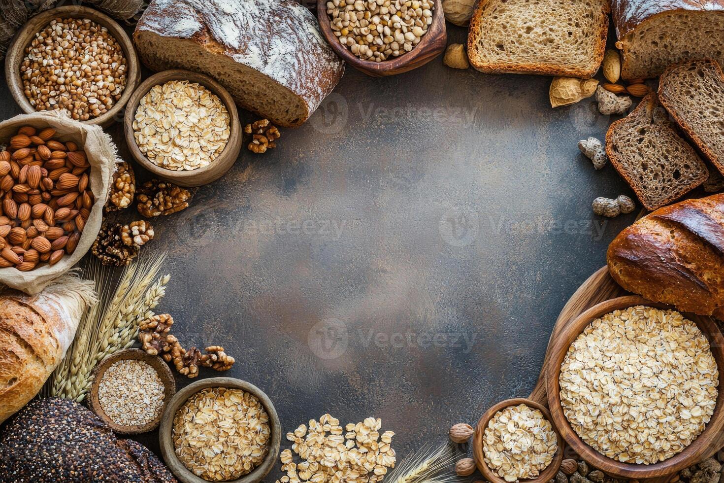 Whole grain breads and cereals with blank space. photo