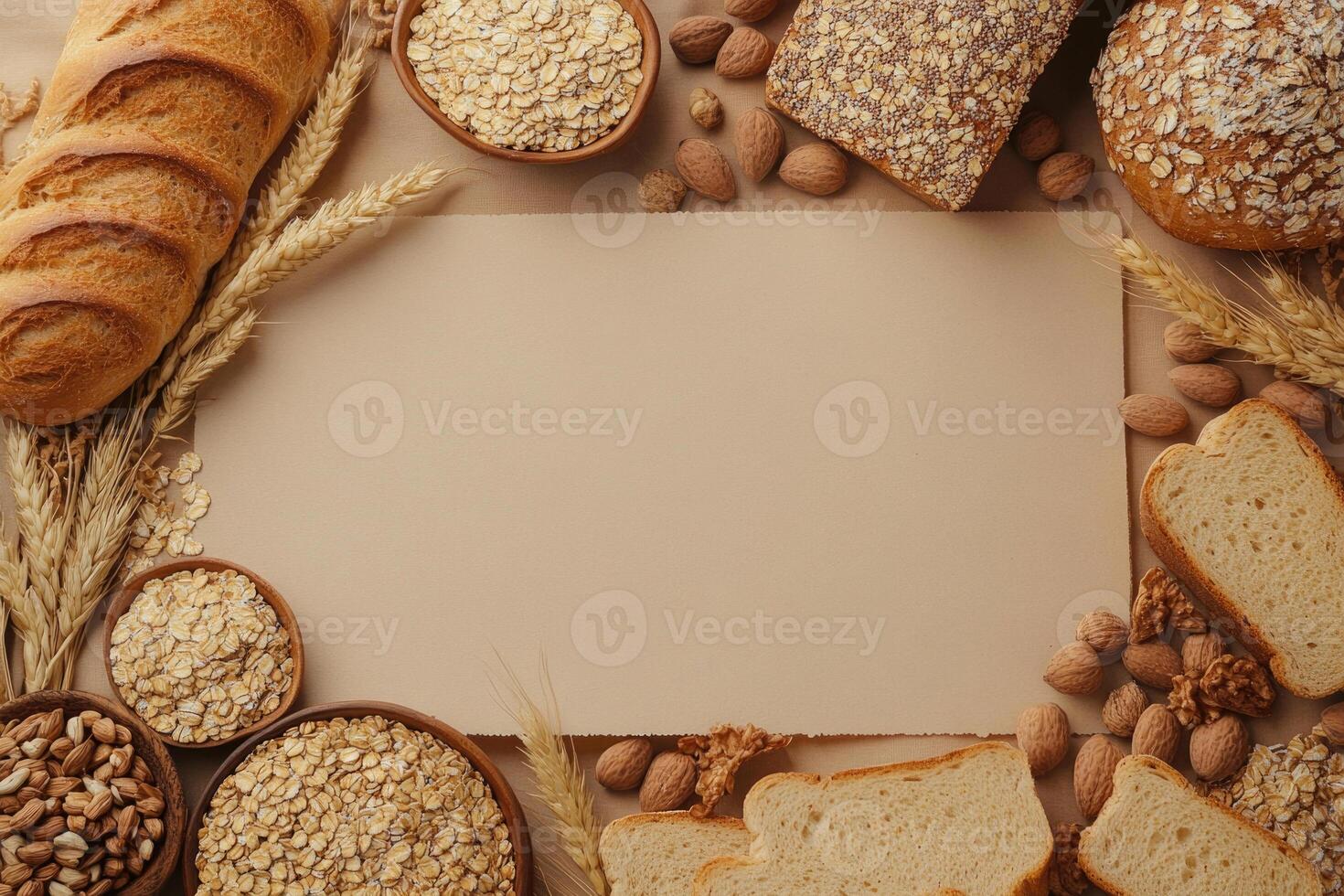 Whole grain breads and cereals with blank space. photo