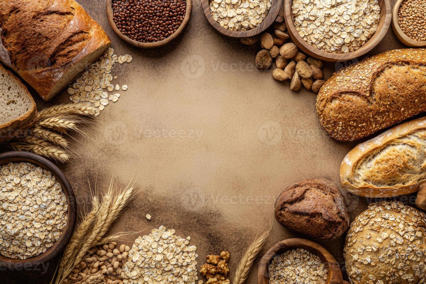 Whole grain breads and cereals with blank space. photo
