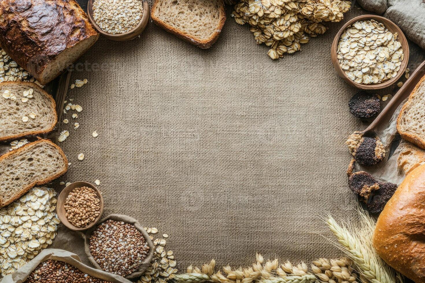 Whole grain breads and cereals with blank space. photo