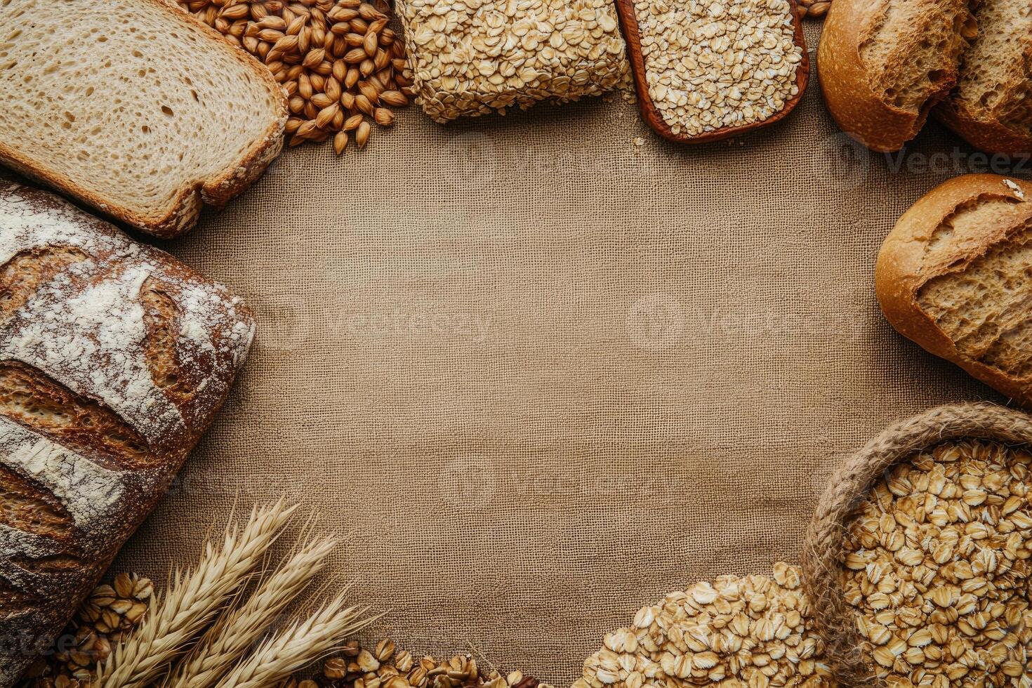 Whole grain breads and cereals with blank space. photo