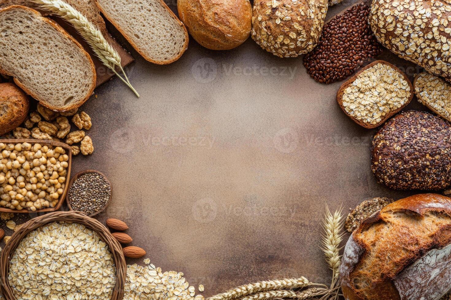Whole grain breads and cereals with blank space. photo