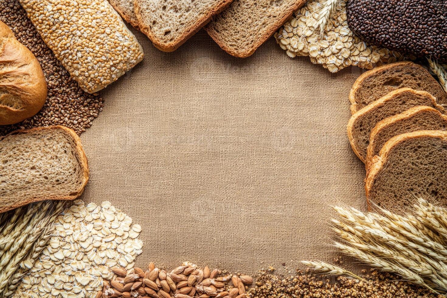 Whole grain breads and cereals with blank space. photo