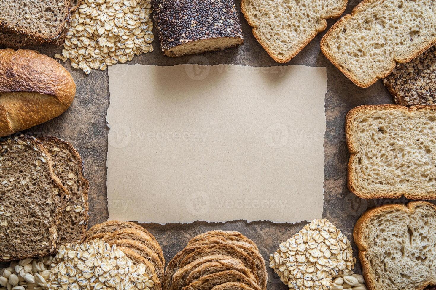 Whole grain breads and cereals with blank space. photo
