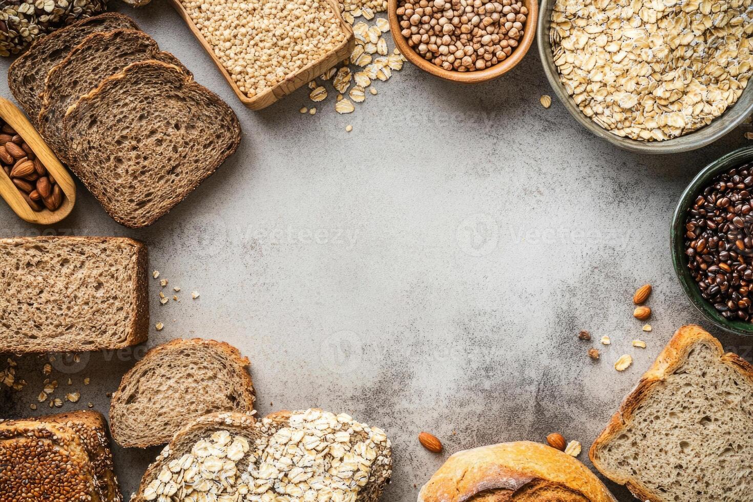 Whole grain breads and cereals with blank space. photo