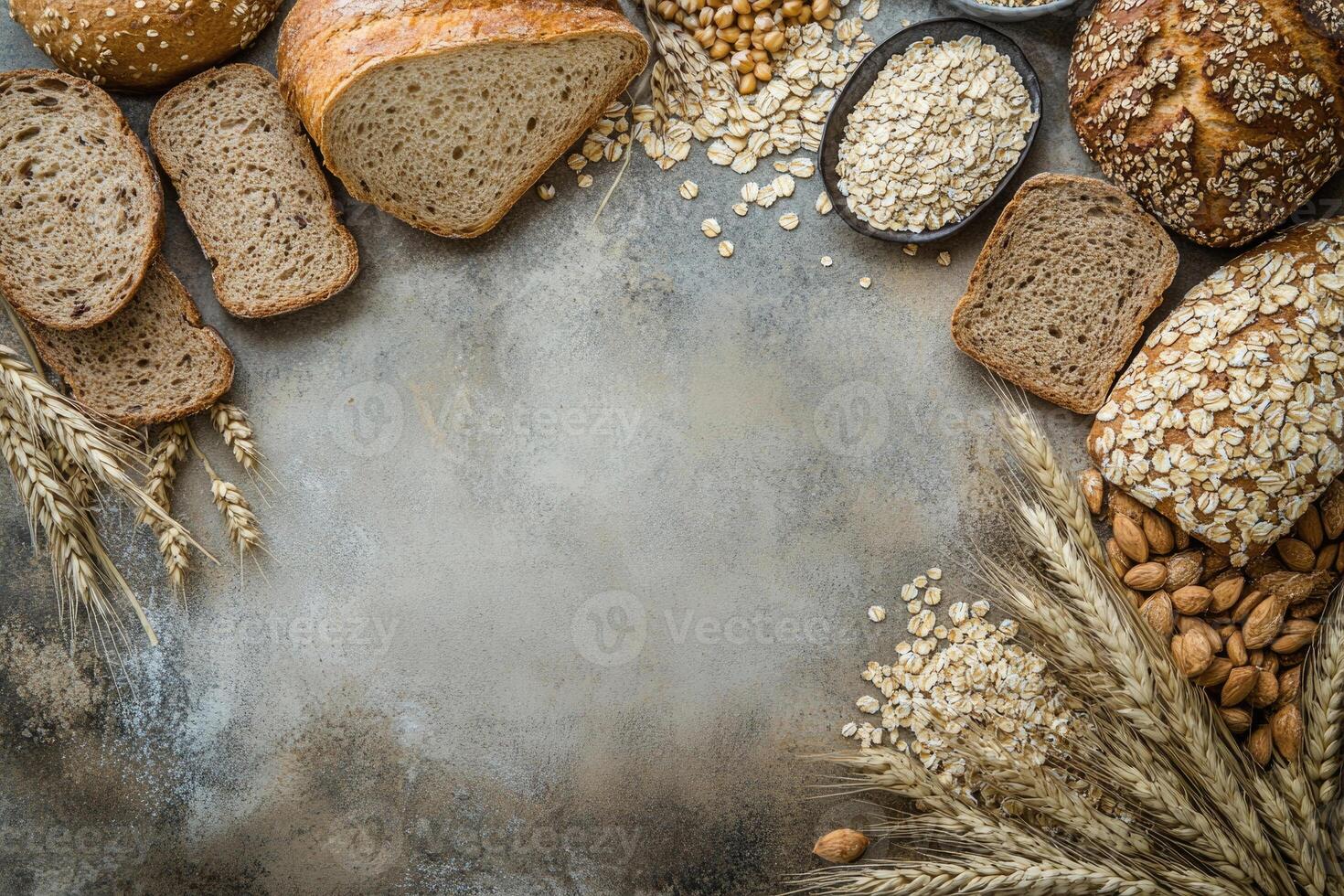 Whole grain breads and cereals with blank space. photo