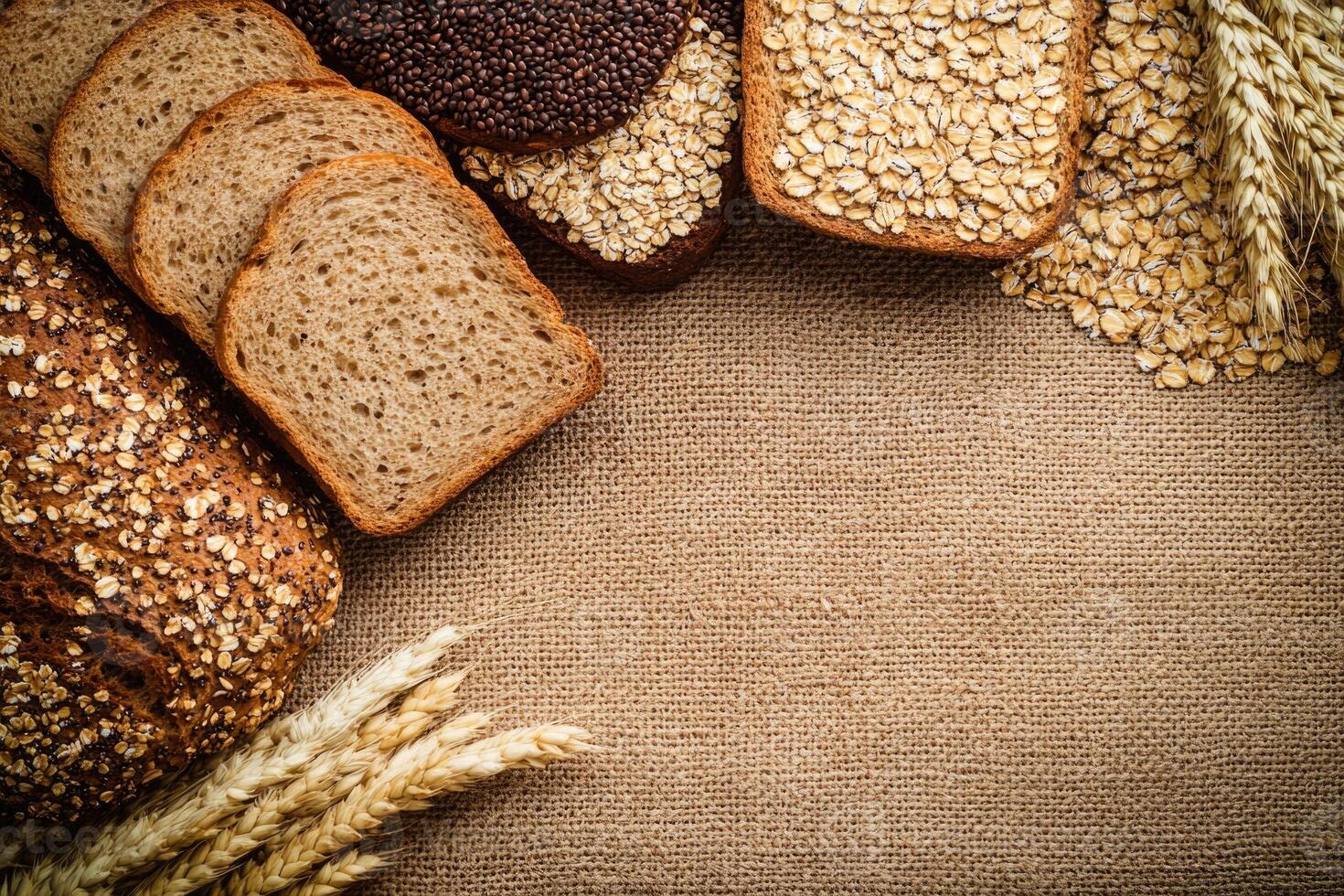 Whole grain breads and cereals with blank space. photo