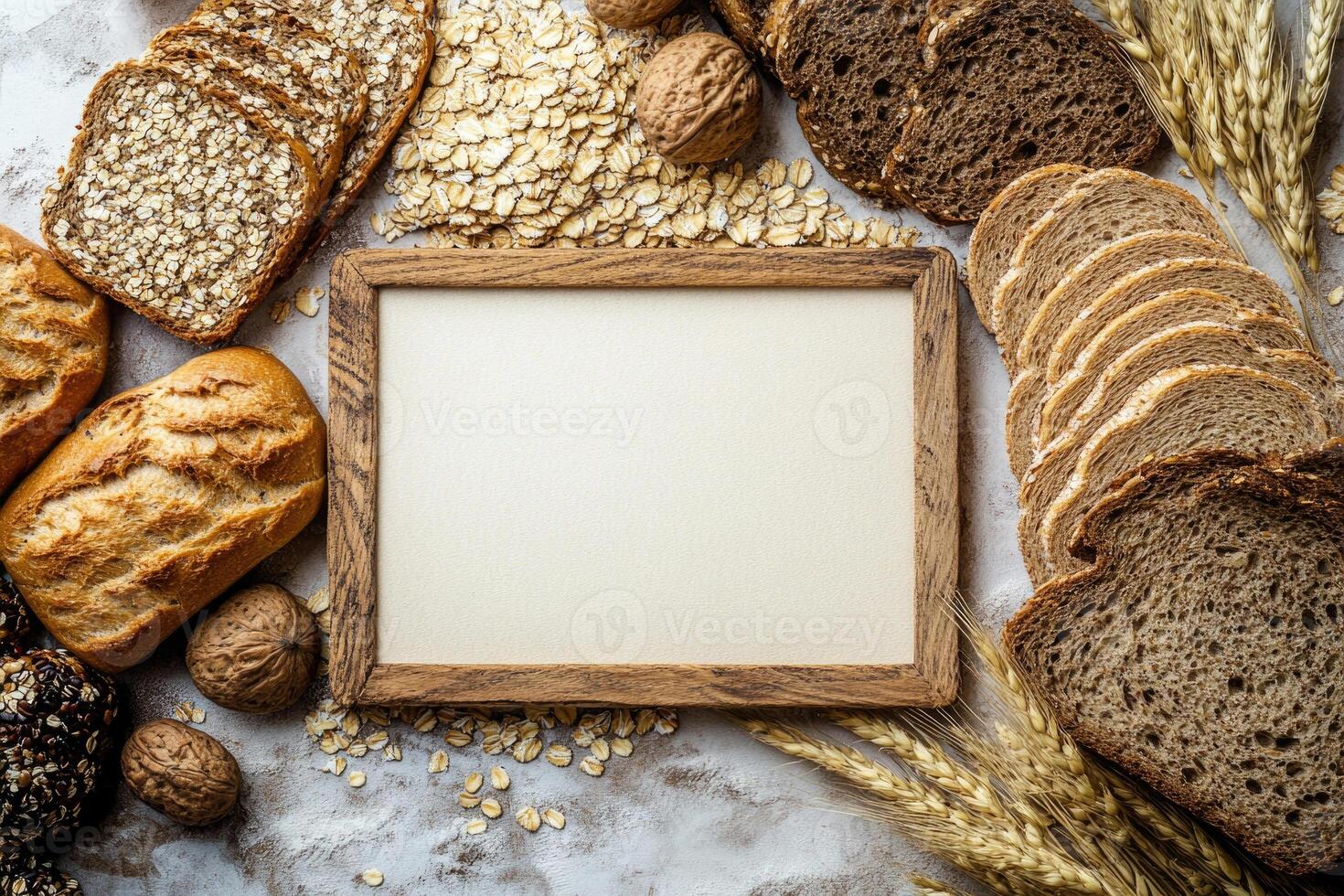 Whole grain breads and cereals with blank space. photo
