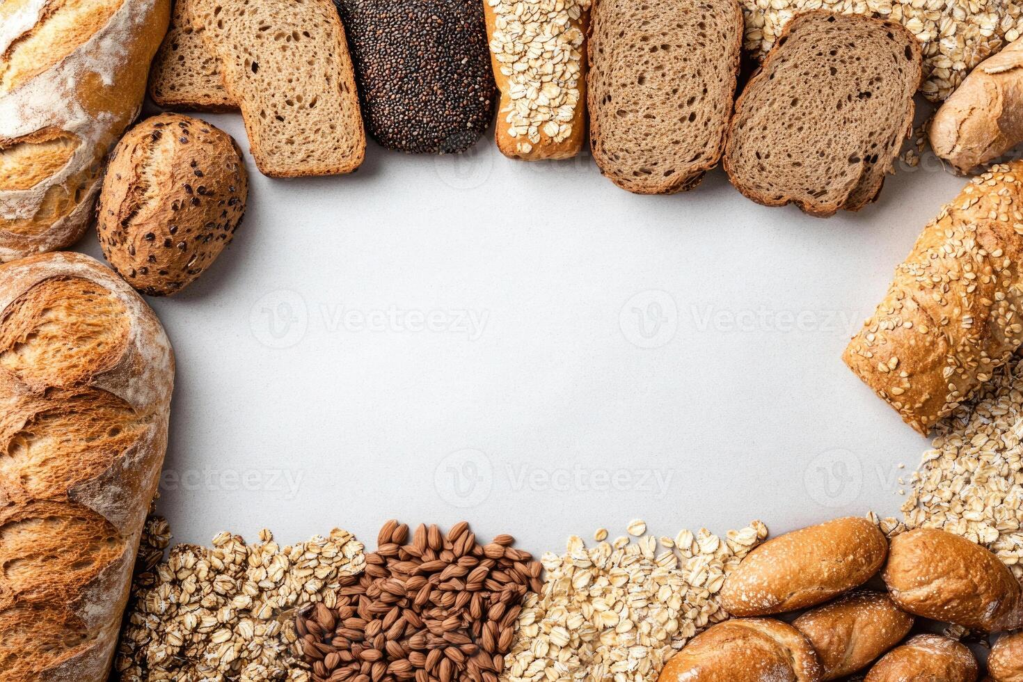 Whole grain breads and cereals with blank space. photo