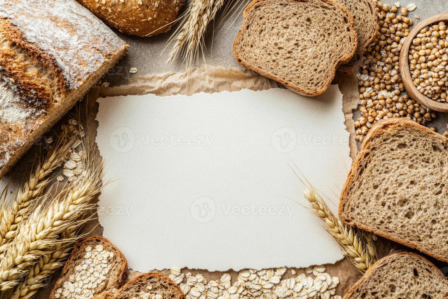 Whole grain breads and cereals with blank space. photo