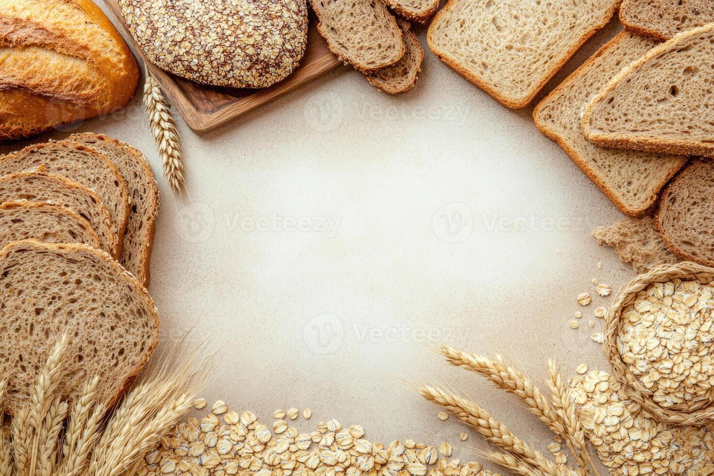Whole grain breads and cereals with blank space. photo