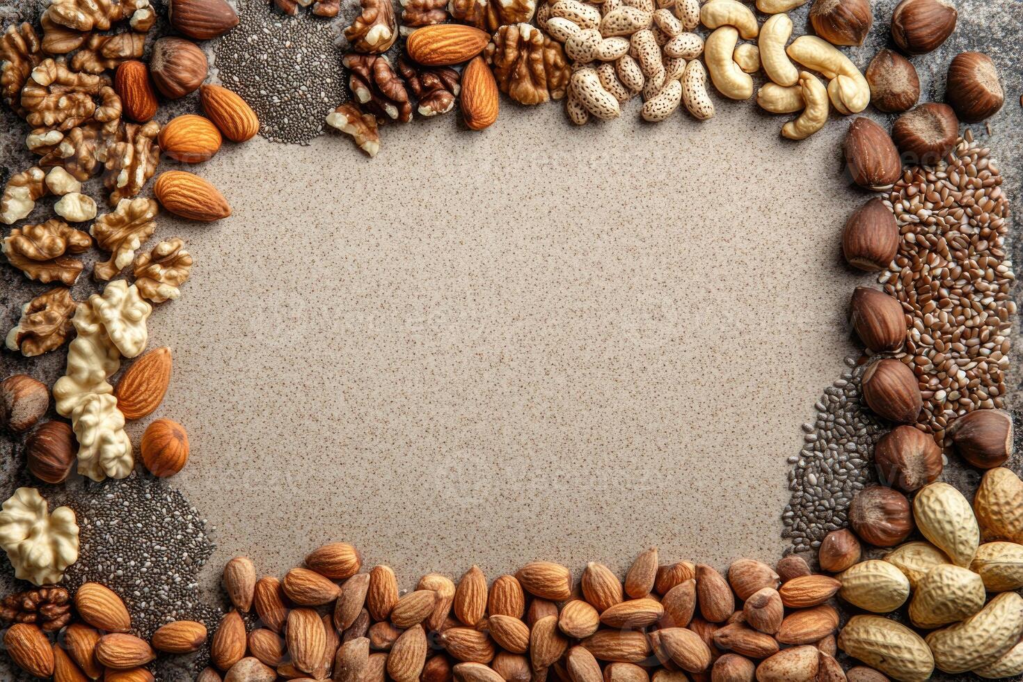 Nuts and seeds with blank space. photo