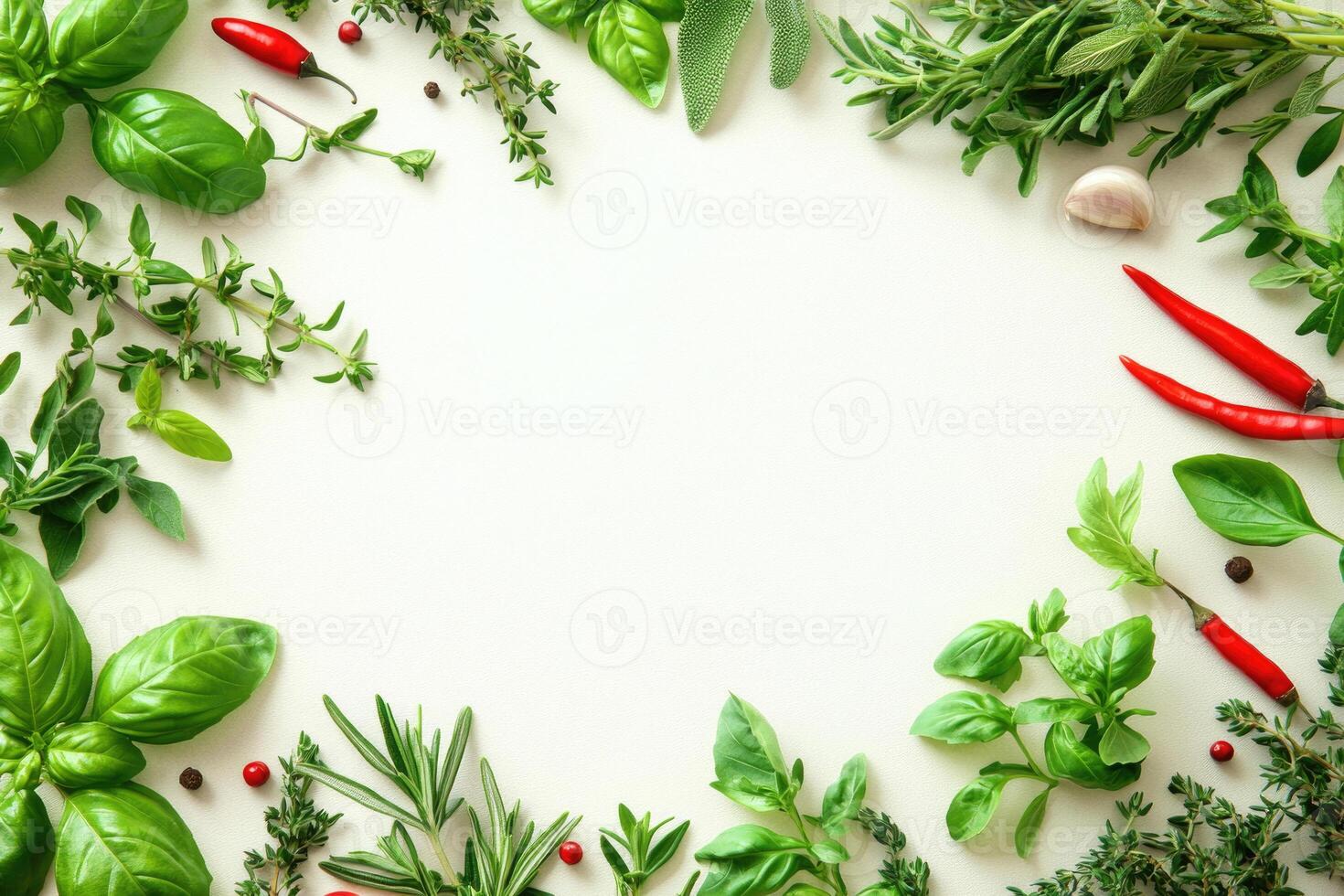 Fresh herbs and spices with blank space. photo