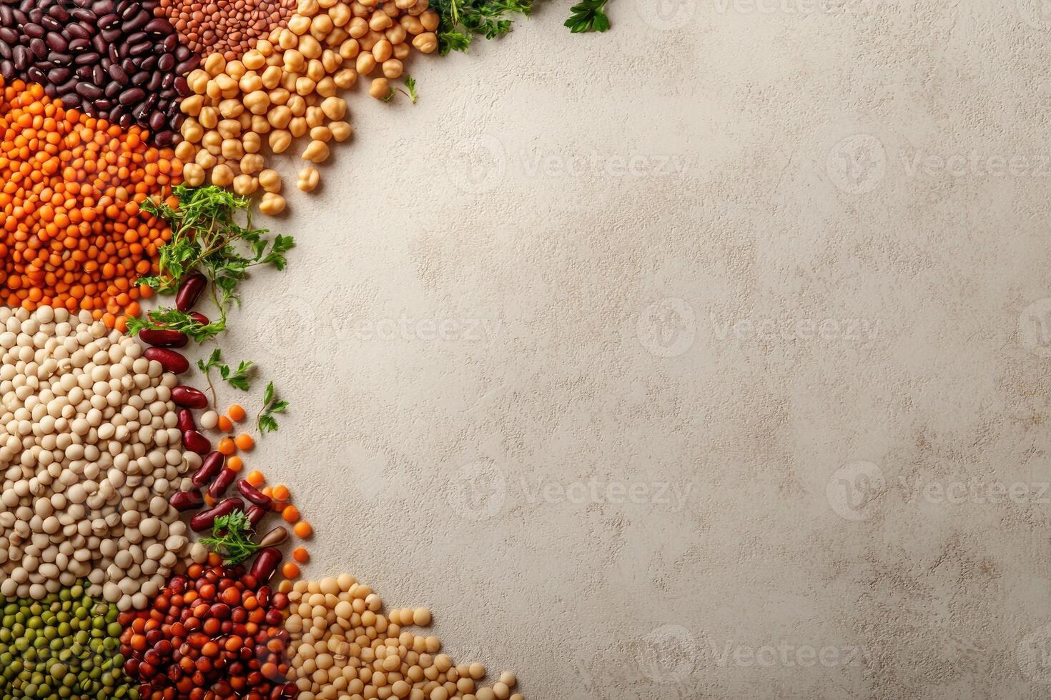 Fresh legumes and pulses with blank space. photo