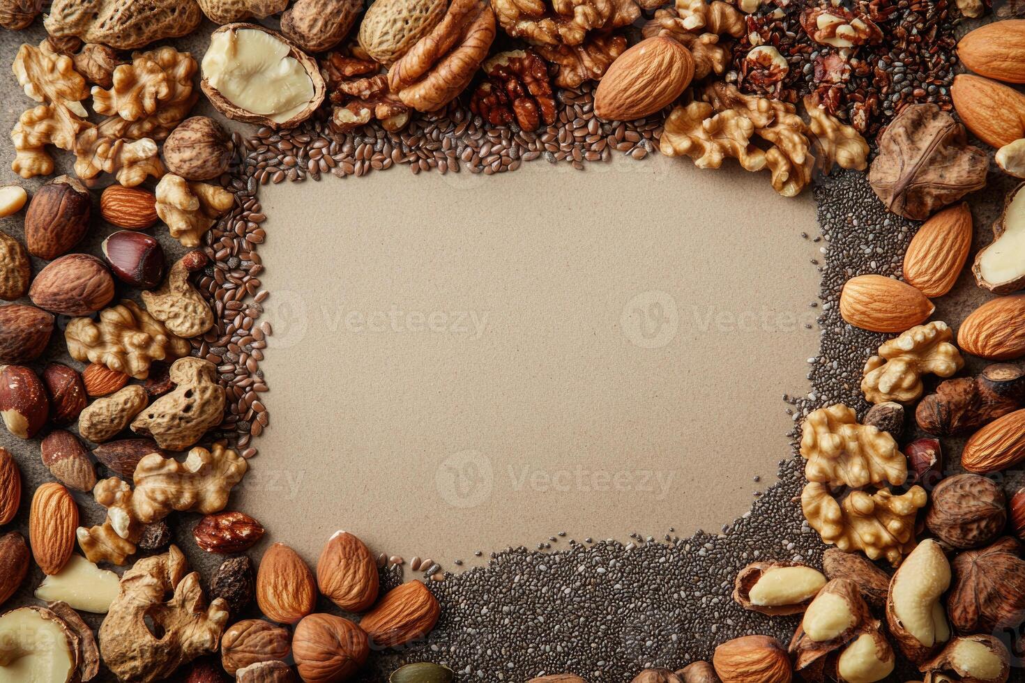 Nuts and seeds with blank space. photo