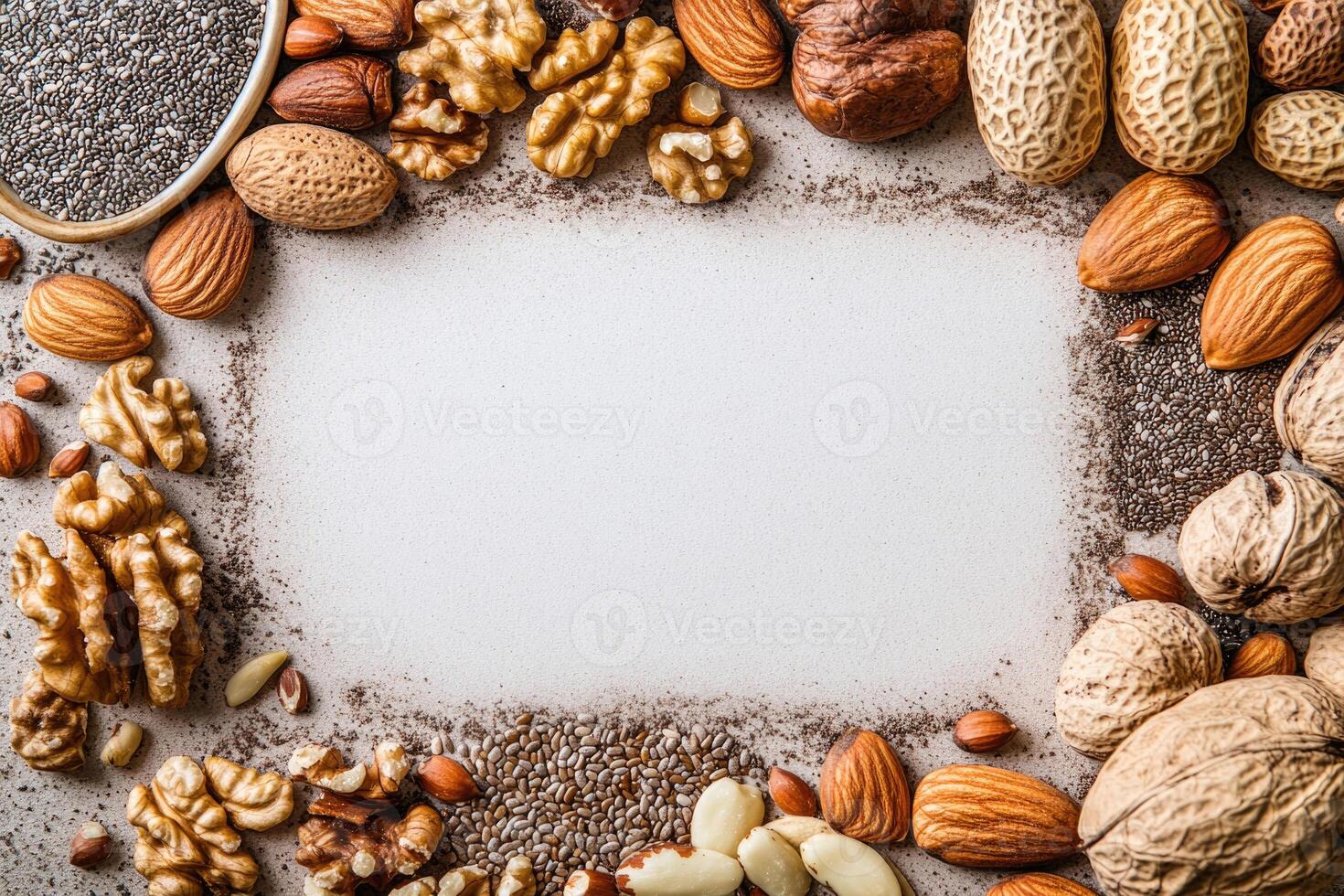 Nuts and seeds with blank space. photo