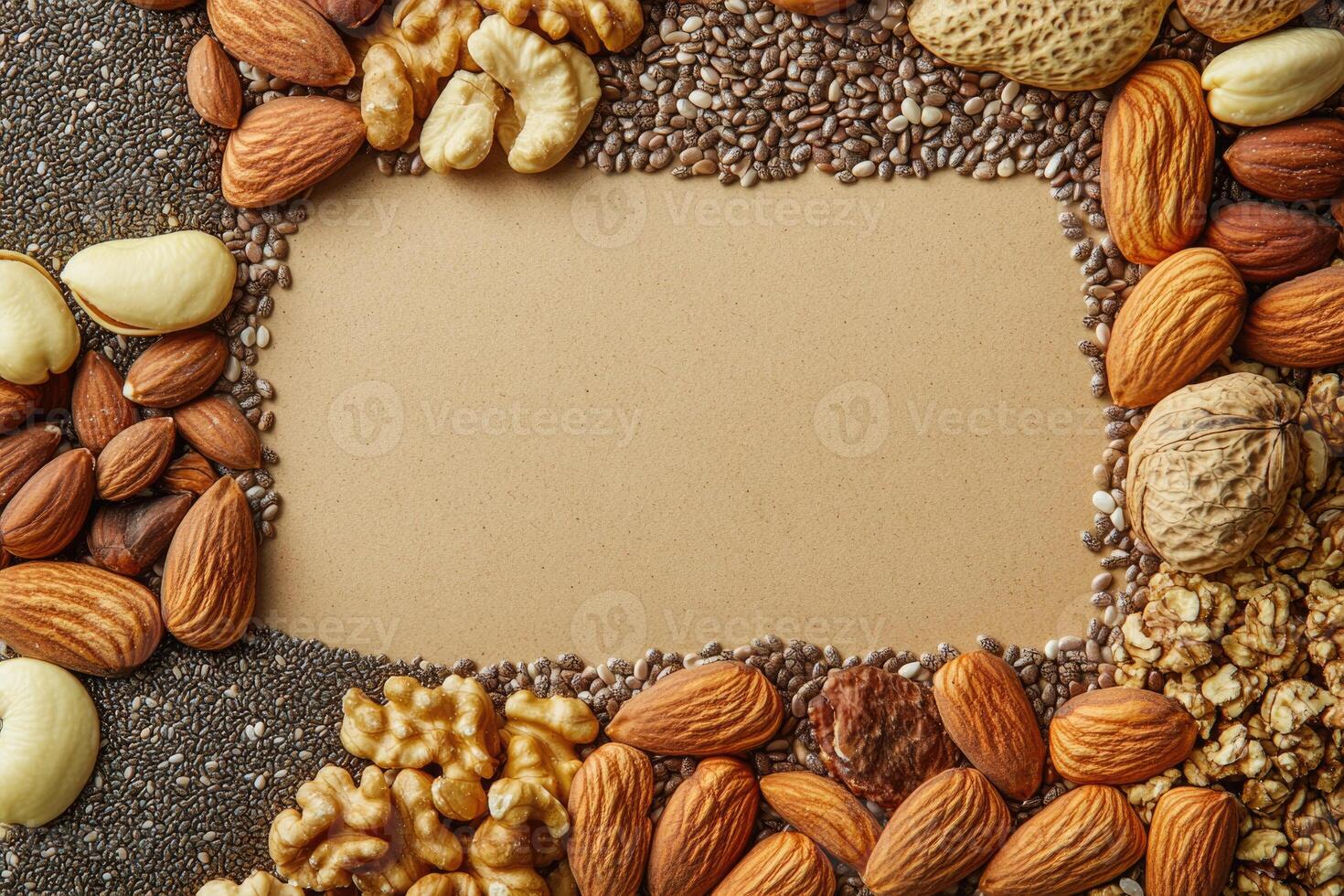 Nuts and seeds with blank space. photo