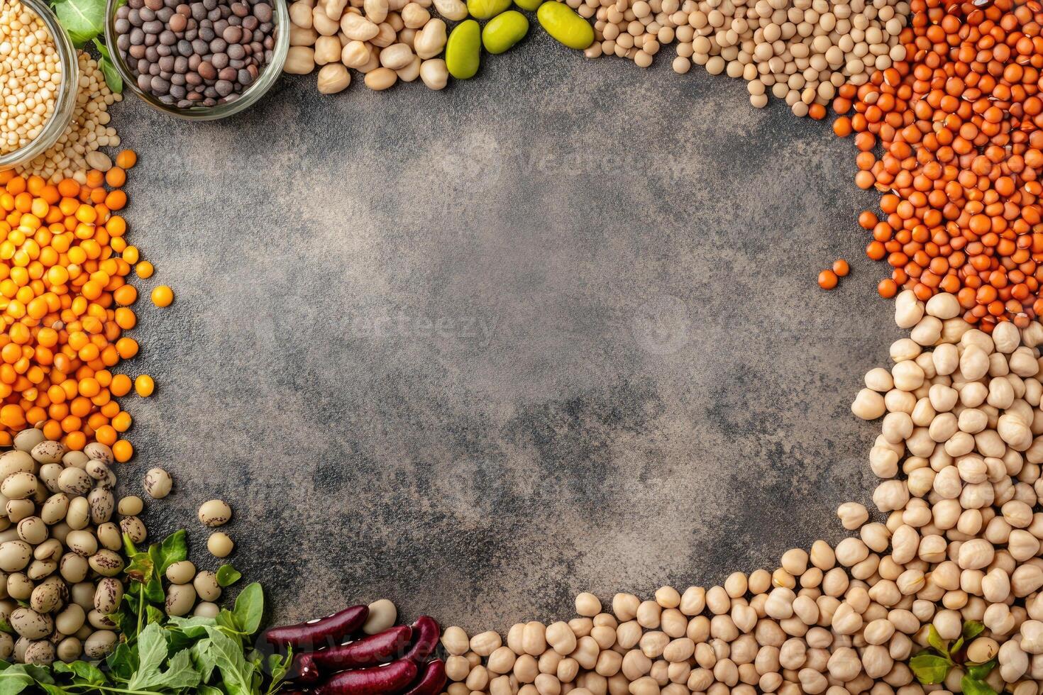 Fresh legumes and pulses with blank space. photo