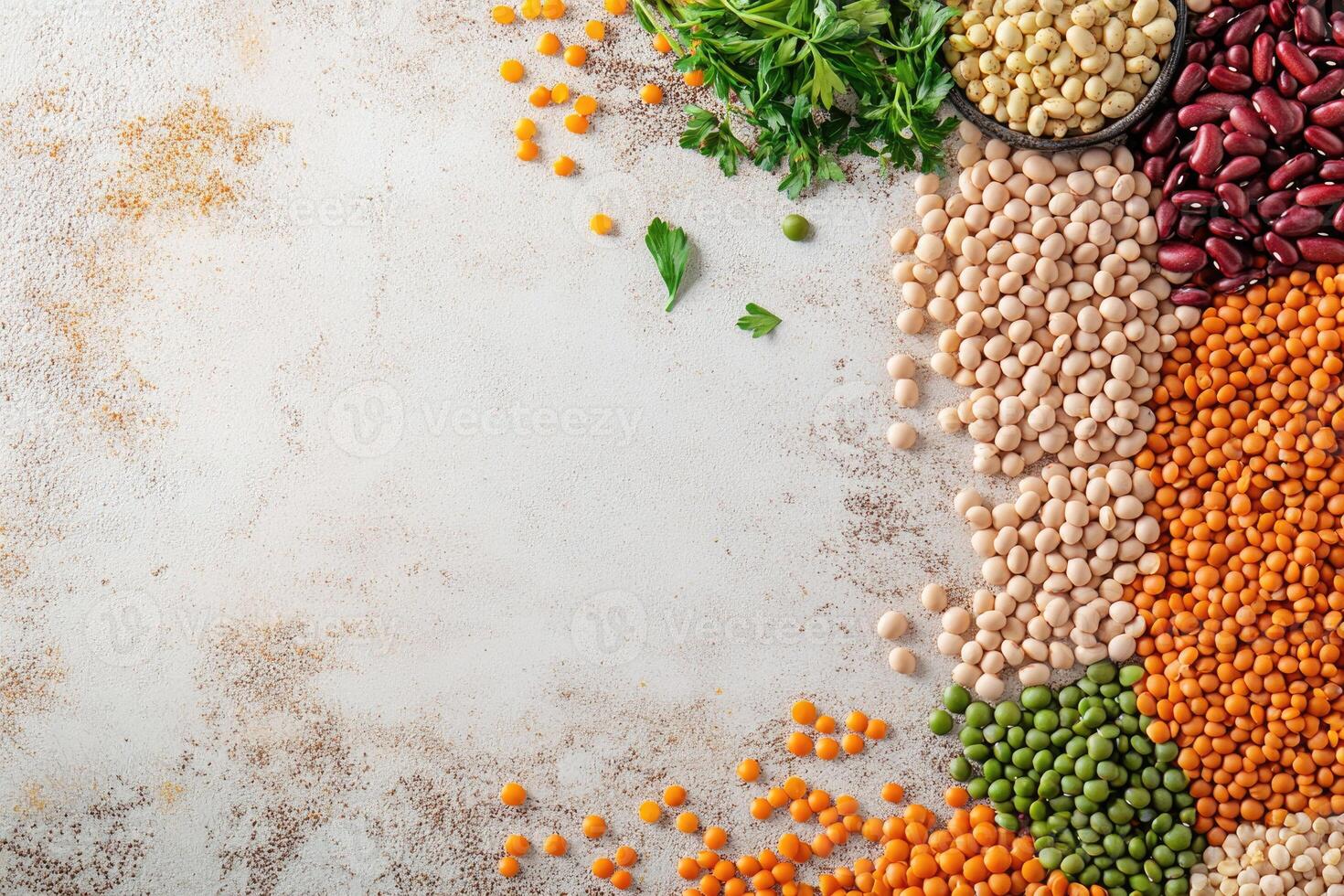 Fresh legumes and pulses with blank space. photo