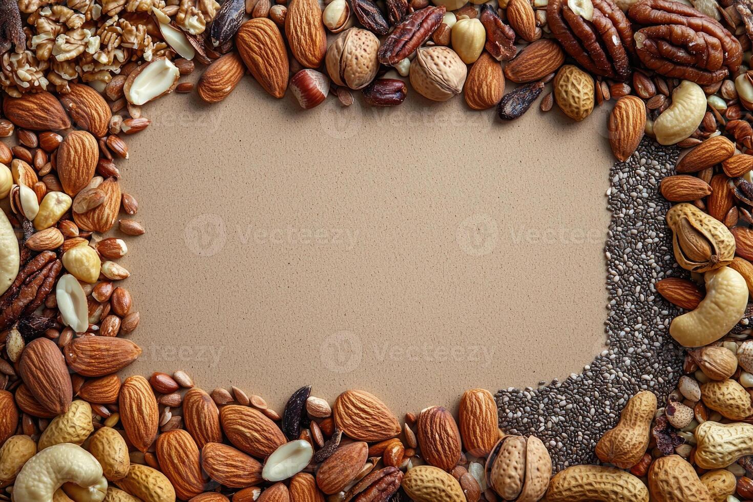 Nuts and seeds with blank space. photo
