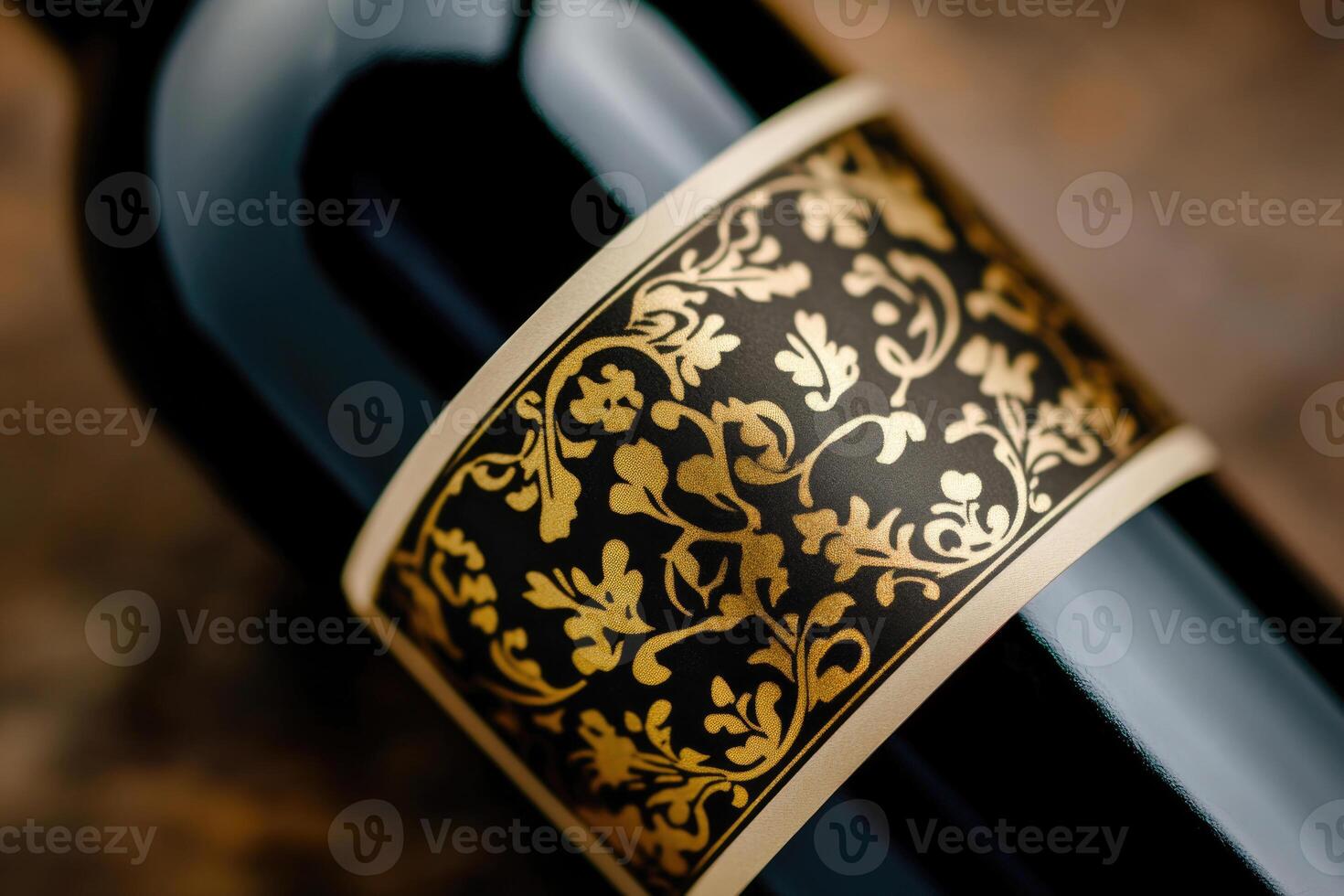 A close-up of a wine bottle label with a blank space beside it. photo