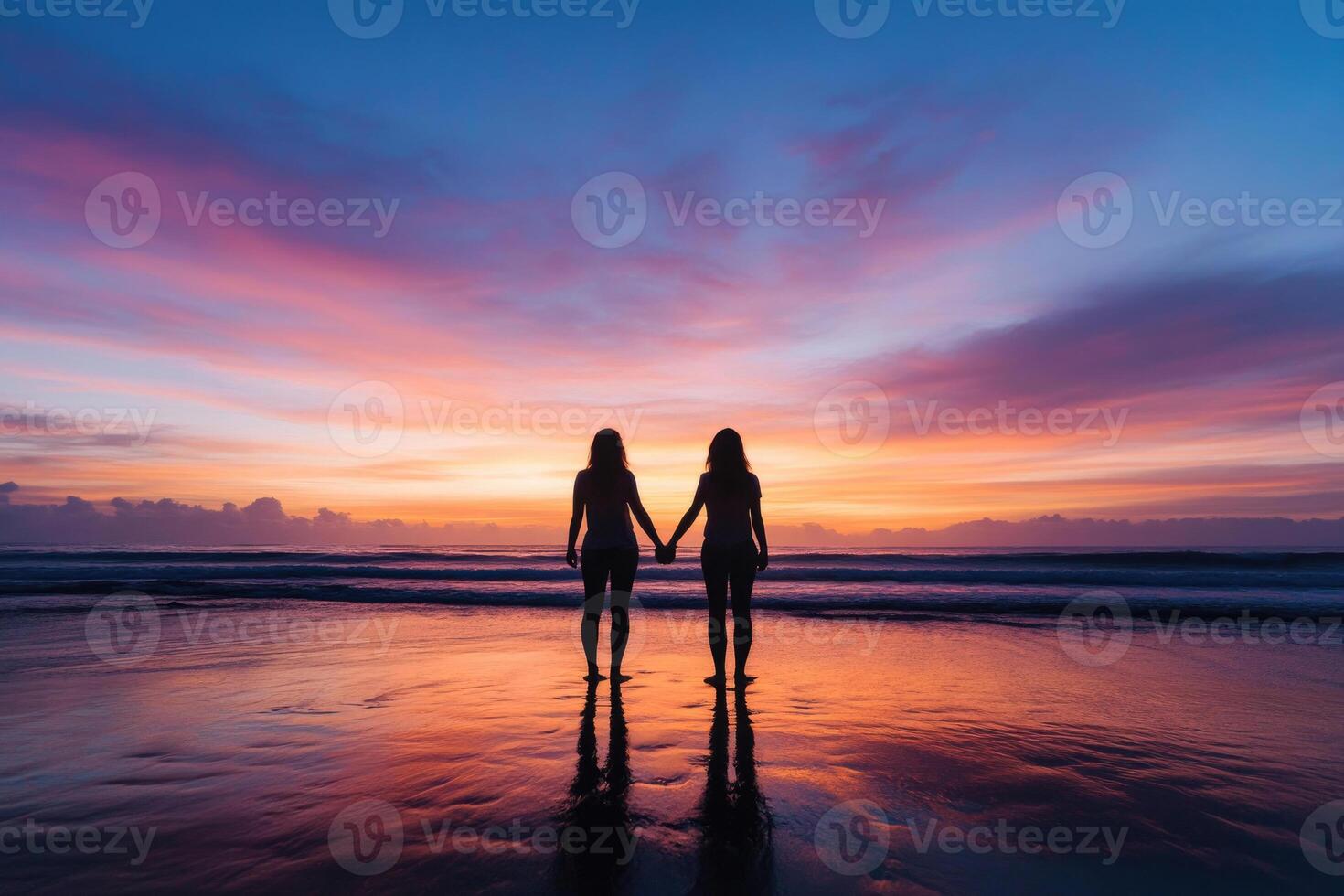 A couple holding hands at sunset with space for text. photo