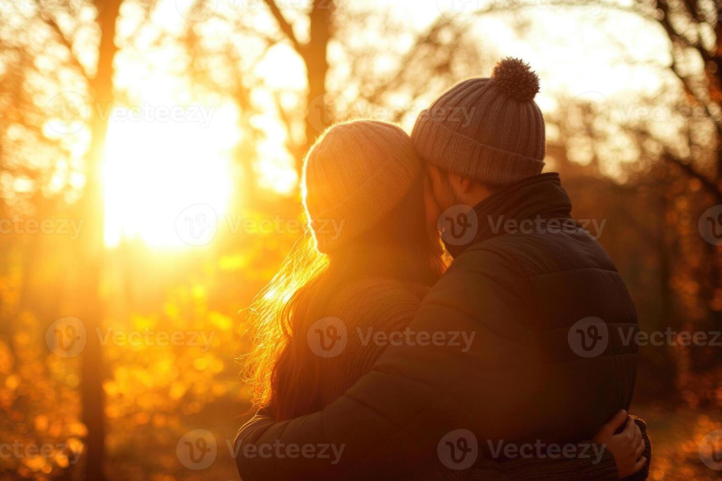 A couple embracing outdoors with space for text. photo